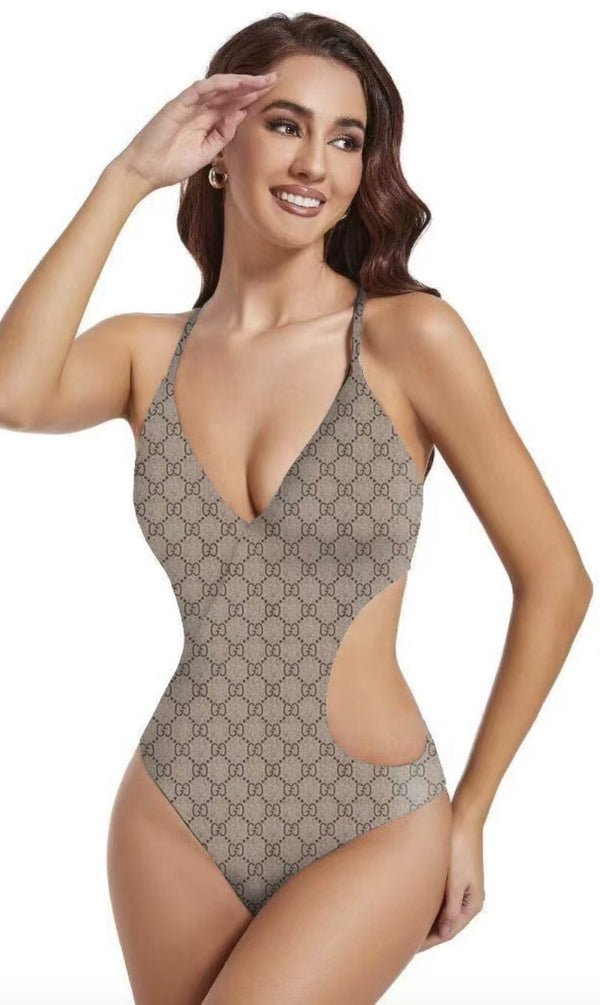 Luxury-Inspired Monogram Asymmetric Cut-Out One-Piece Swimsuit
